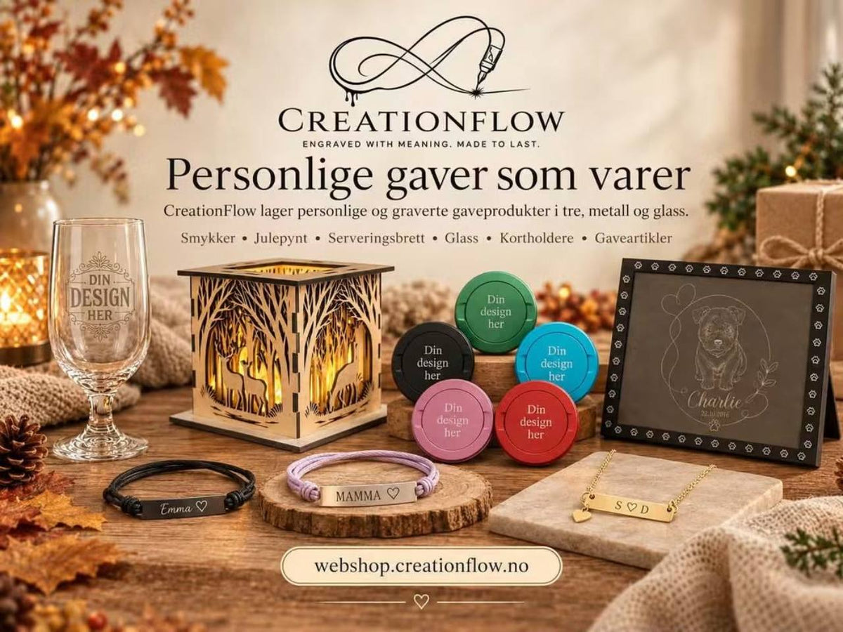 CreationFlow – personlige gaver som varer. Graverte glass, lysboks, snusbokser, minneramme og smykker.